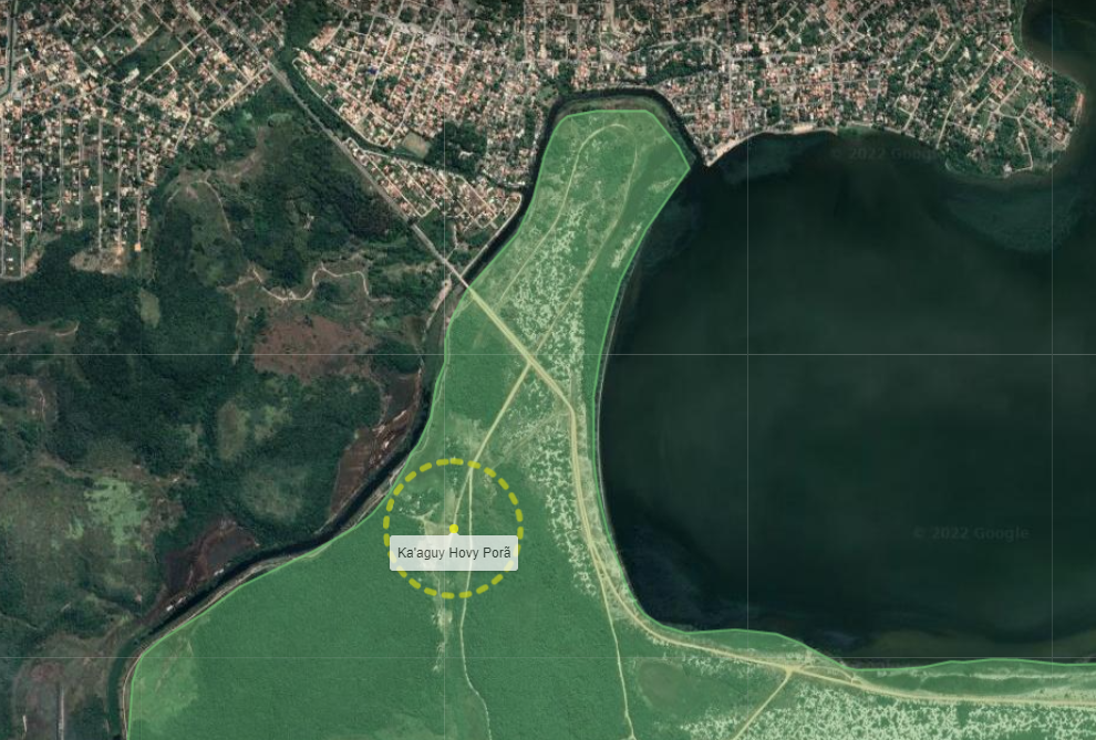 Imagem de satélite da Tekoa Ka'aguy Hovy Porã, às margens da Lagoa de Maricá (RJ) / Foto: Mapa Guarani DIgital